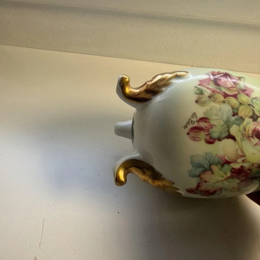 Vintage Green Floral Imperial German Handpainted Footed Egg Vase 5.5